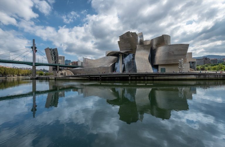 The Guggenheim Museum and the La Salve bridge seen from across the Bilbao estuary