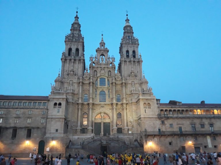 The Obradoiro façade of the cathedral of Santiago de Compostela at dusk
