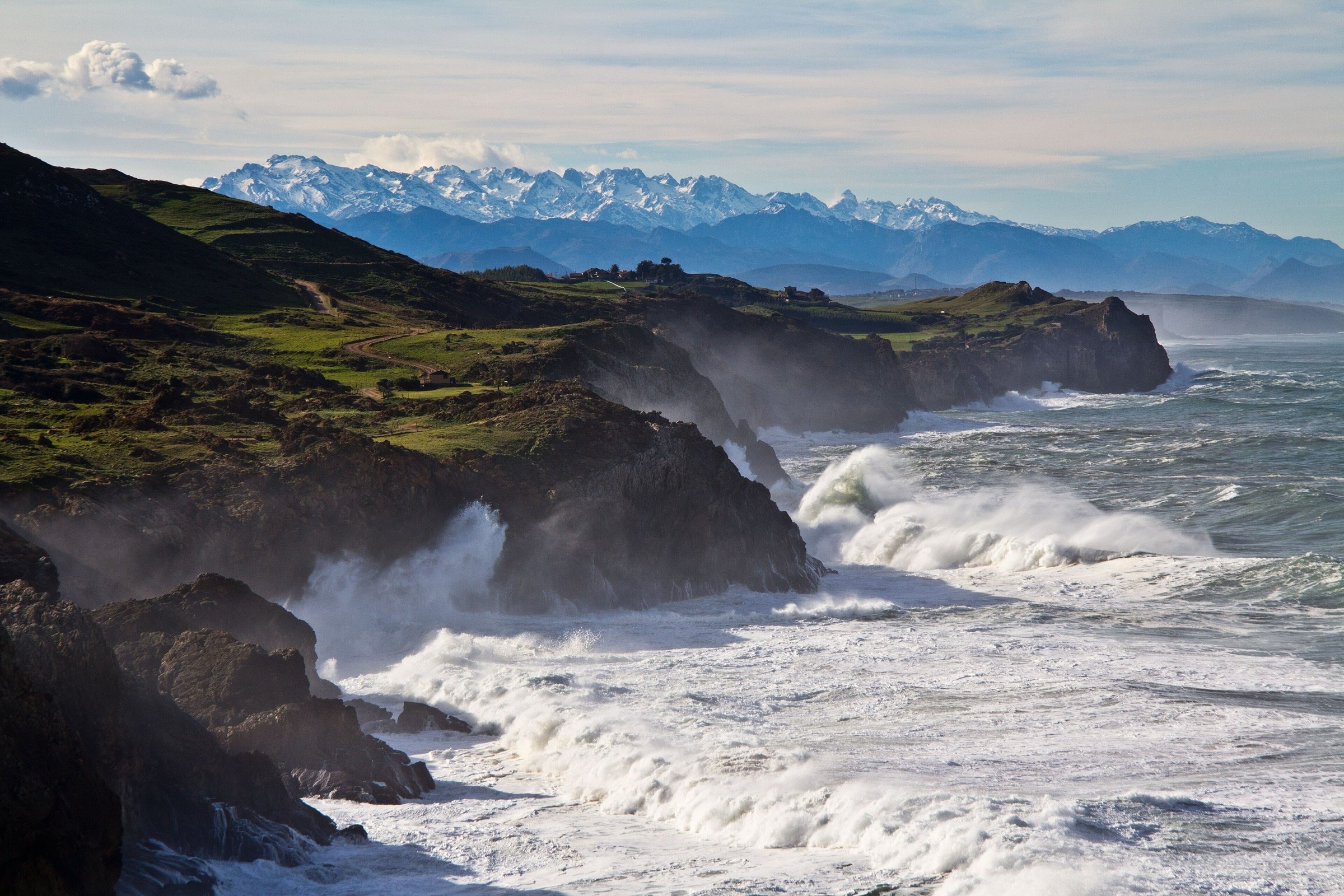 Waves breaking on the cliffs of Toñanes on the coast of Cantabria, beside the Camino del Norte