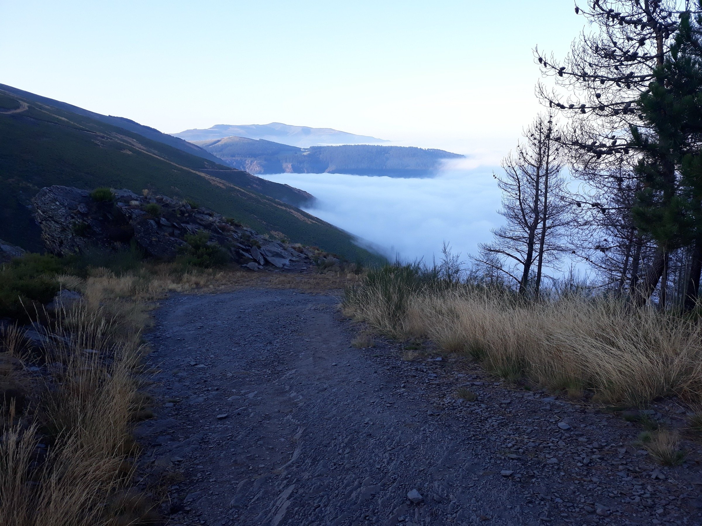 The Camino Primitivo above a bank of mist near the Grandas de Salime reservoir