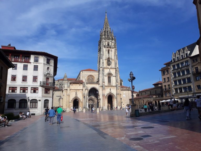 San Salvador cathedral in Oviedo and its Gothic tower, on Plaza Alfonso II
