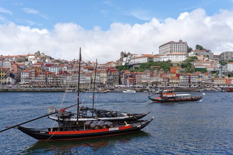Rabelo boats on the Douro and the Ribeira district in Porto