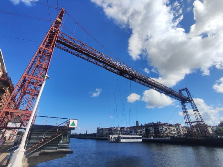 The Portugalete transporter bridge and its gondola over the estuary